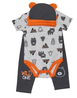 Newborn Boy 3 Piece Set Aop Short Bodysuit Pant With Prints 3D Ears Cap